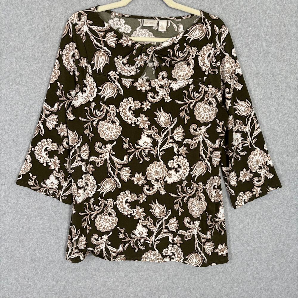 Chicos Blouse Womens 1 Medium Green Floral Knit Twist Knot Scroll Tunic Top